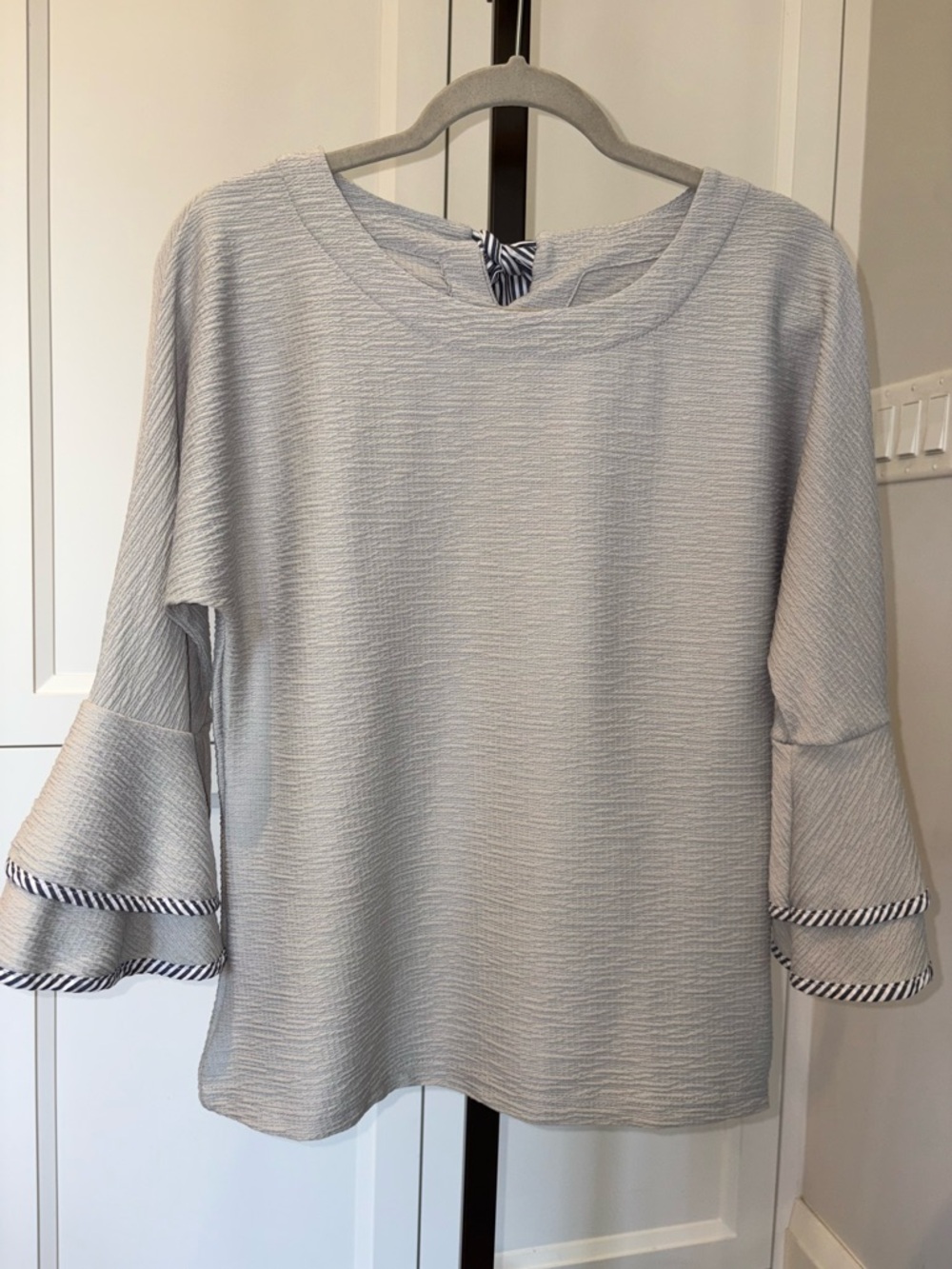 Soft Textured Bell Sleeve Blouse with Bow Back Detail Minimalist Chic Top Small